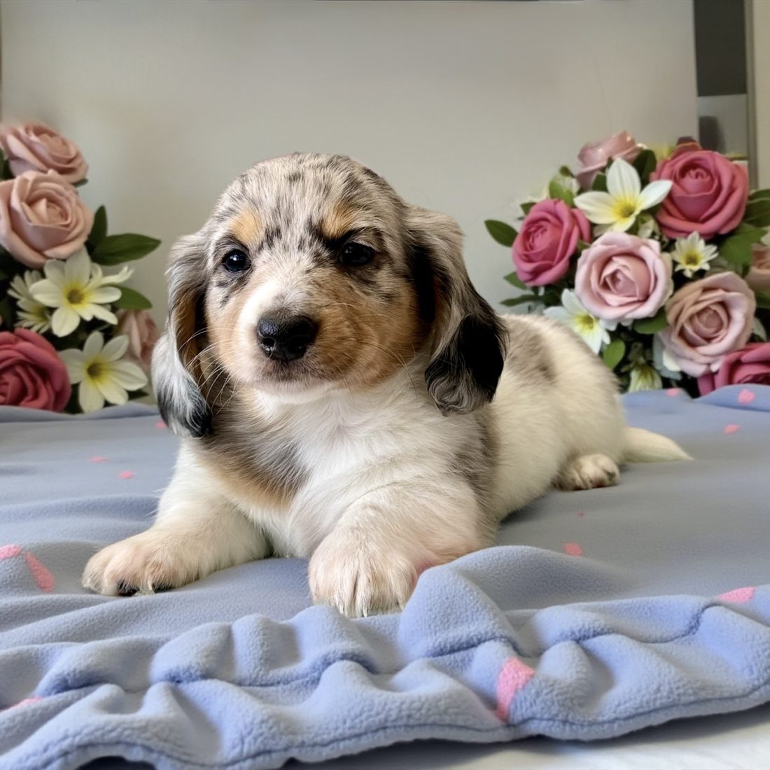 Chiot teckel dapple argenté entouré de roses